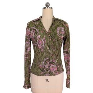 Y2K Lace Mesh Button Up Top L Green Pink Fairy Grunge Vintage 90S Floral Whisy